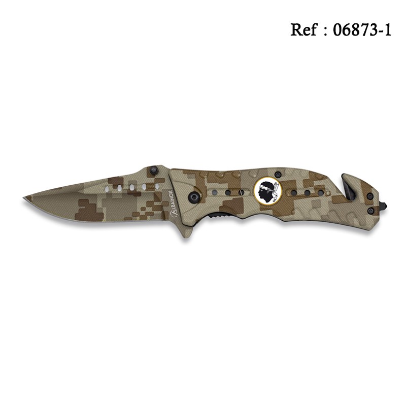 Couteau FOS Tactique CAMO Sable, Ecusson Corsica 8 cm, avec clip