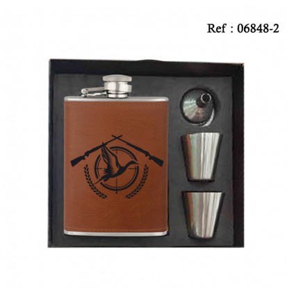 240ml chrome/leather flask set Duck/Gun, funnel & 2 silver tumblers