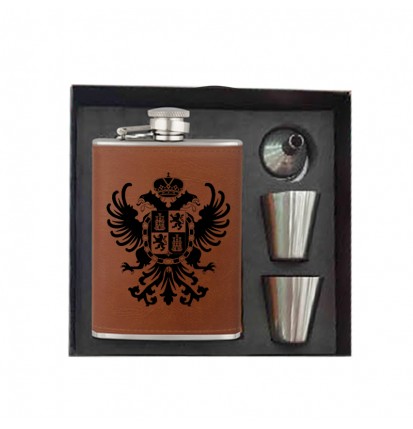 240ml chrome/leather flask set Armoirie, funnel & 2 silver tumblers