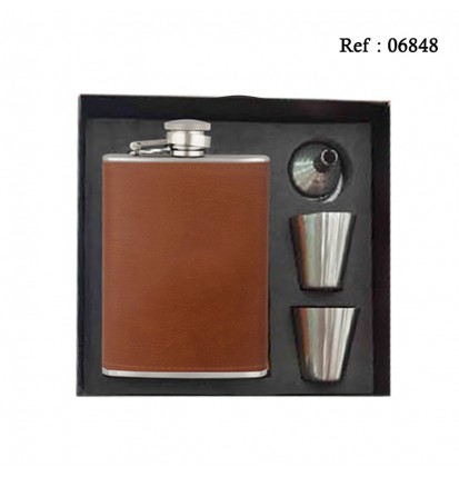 240ml chrome/leather flask set, funnel & 2 silver tumblers