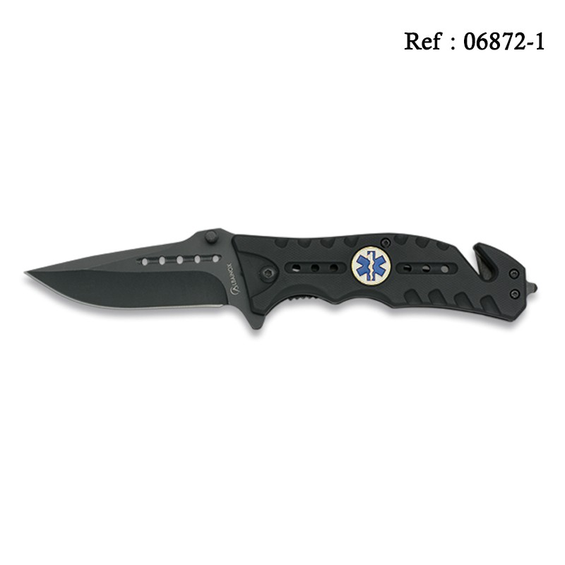 Couteau FOS Tactique Noir, Ecusson EMS 8cm avec clip