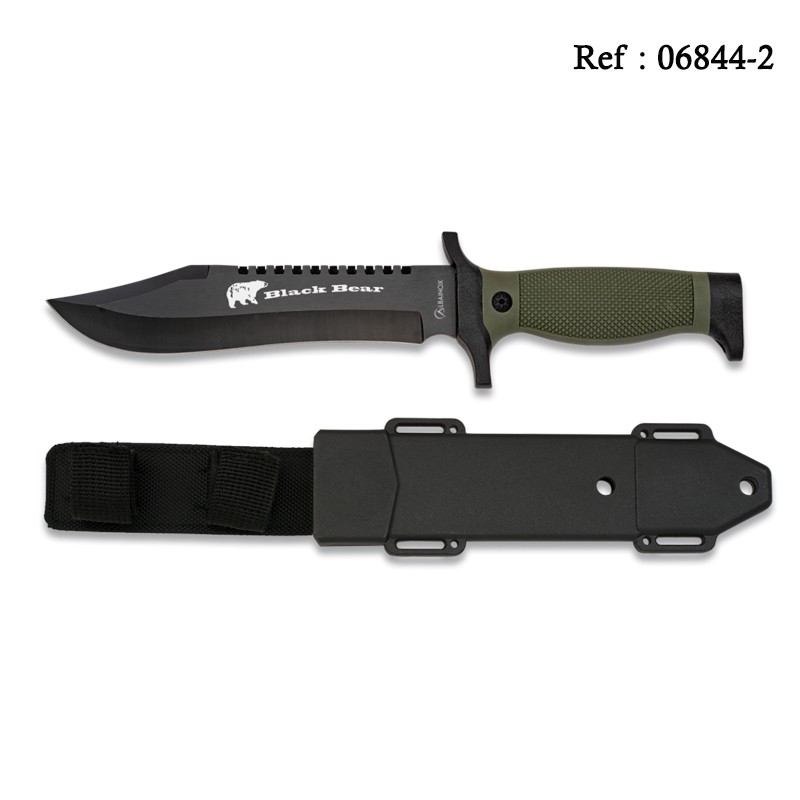 Couteau 18cm Black Bear manche vert, lame noire, étui rigide