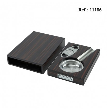 Macassar ebony cigar set with cigar cutter and ashtray