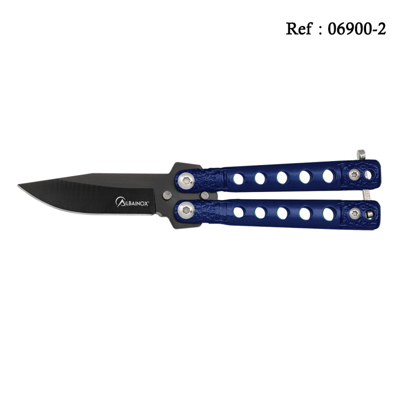 Couteau Papillon 5 cm Bleu, lame noire