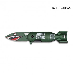 Couteau 6 cm Angry Shark Vert, avec clip ceinture, forme obus