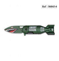 Couteau 6 cm Angry Shark Vert, avec clip ceinture, forme obus