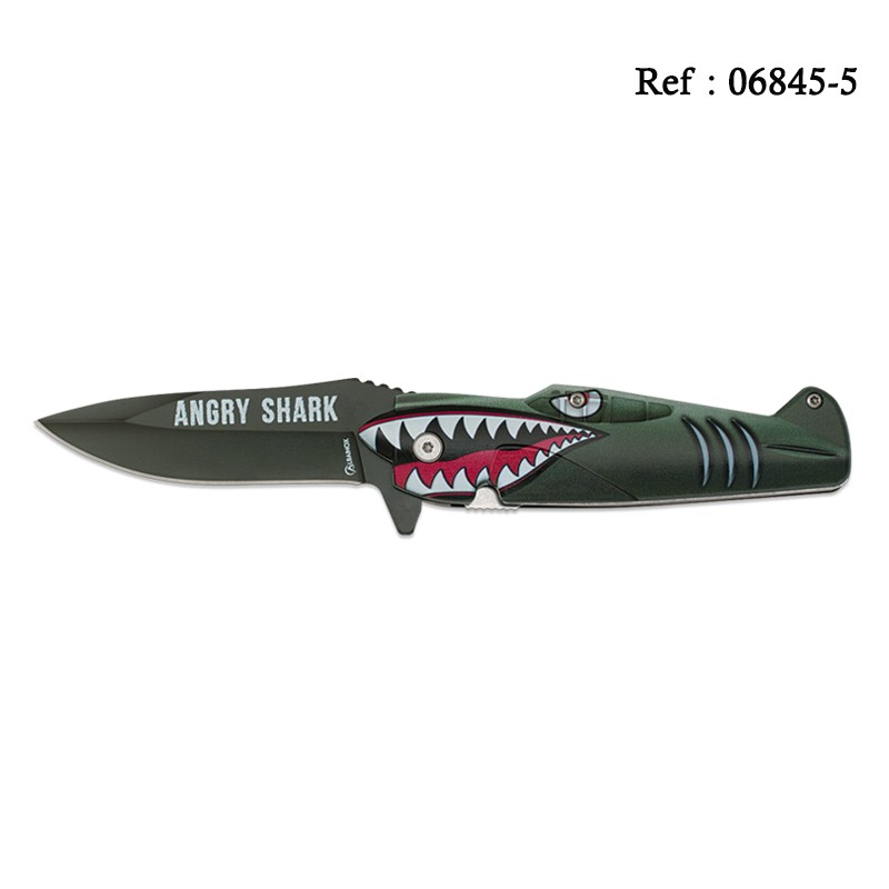 Couteau 8.5 cm Angry Shark Vert, avec clip ceinture, forme avion P38