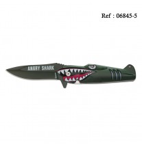 Couteau 8.5 cm Angry Shark Vert, avec clip ceinture, forme avion P38