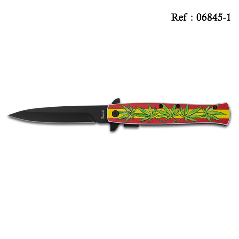 Couteau 9 cm Noir décor Rasta/Feuilles, avec clip ceinture