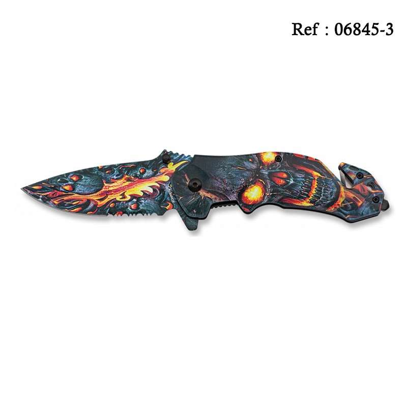 Knife 8.5 cm Skull on Flames with chain