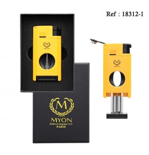 Briquet MYON Double Jet Jaune avec coupe cigare lame V et emporte pièce