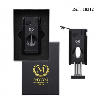 Briquet MYON Double Jet Noir avec coupe cigare lame V et emporte pièce