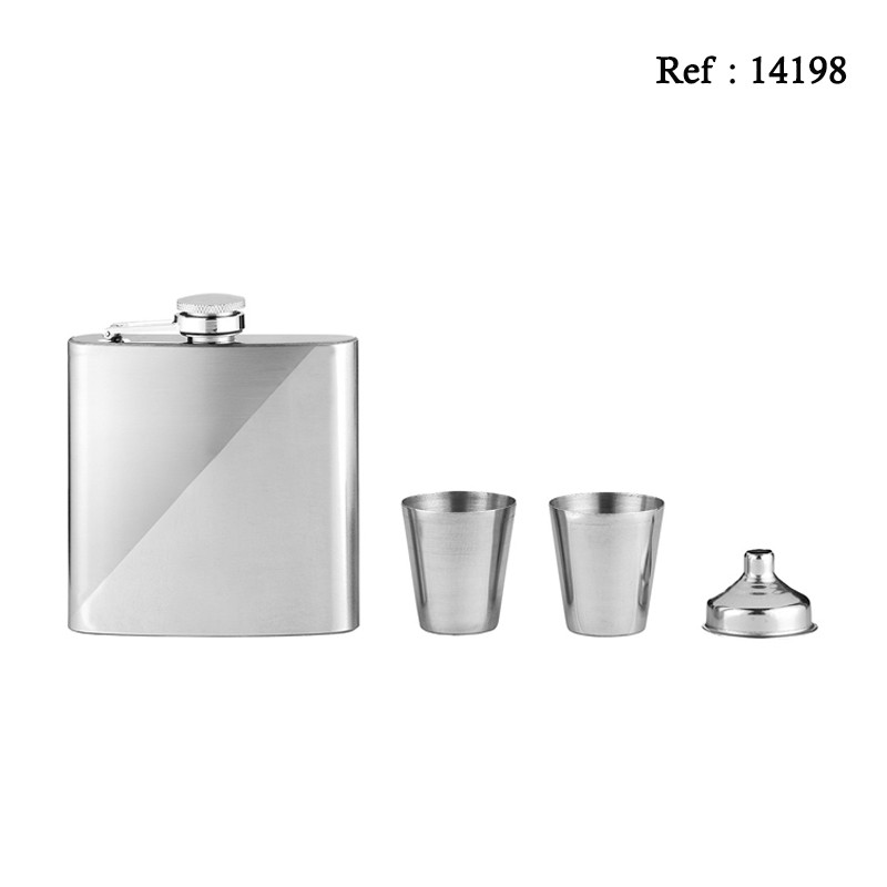 Coffret Flasque 180 ML Argent/Chromé avec 2 gobelets et 1 entonnoir