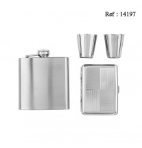 Coffret Flasque 180 ML Acier brossé avec 2 gobelets et 1 étui cigarette