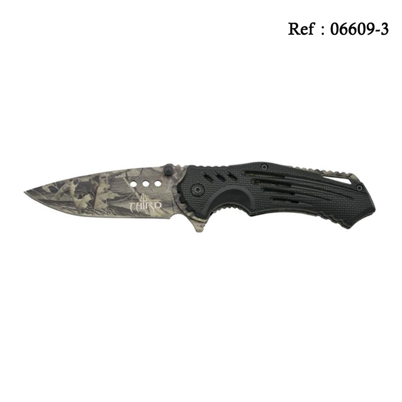 Couteau THIRD Noir ABS Lame Camouflé 12cm, Inox + Etui