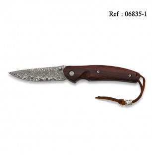 Couteau Lame Damas 7cm, manche bois naturel marron fonçé boîte cadeau