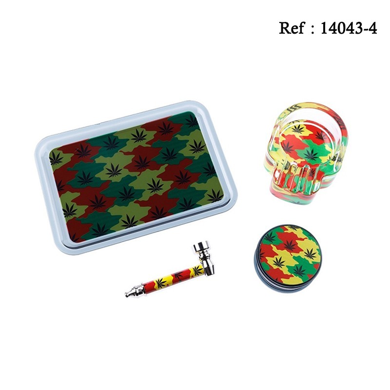 Set Super Heros Leaves with mini glass ashtray, pipe and grinder