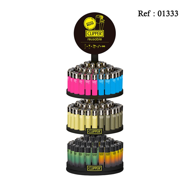 Briquet Mini CLIPPER assortis Fluo, Rainbow, Métal, présentoir de 144