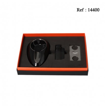 Coffret Cendrier Céramique Noir +Briquet 4 Jet + Coupe cigare Acier