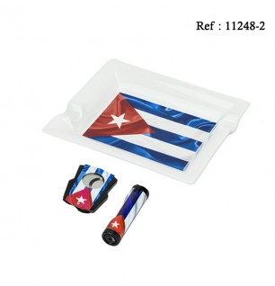 Set Cigar Ashtray with Lighter Triple Jet and Cigar cutter CUBA FLAG