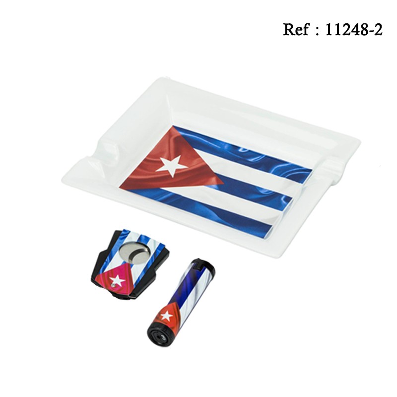 Set Cendrier Cigare +Briquet Triple Jet + Coupe cigares décor CUBA