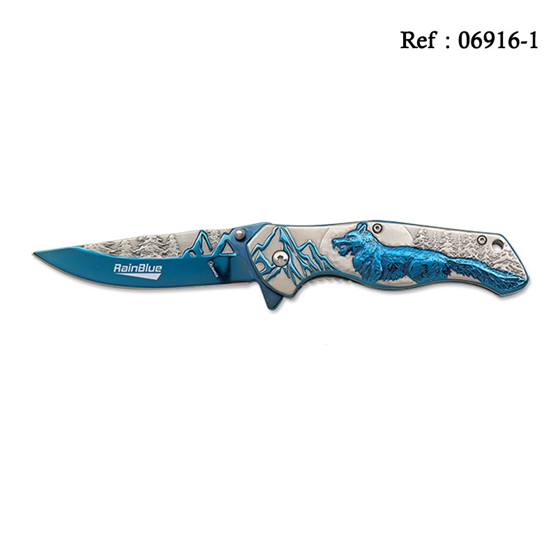 Couteau Rainblue Loup bicolore 9 cm, avec étui suédine et clip