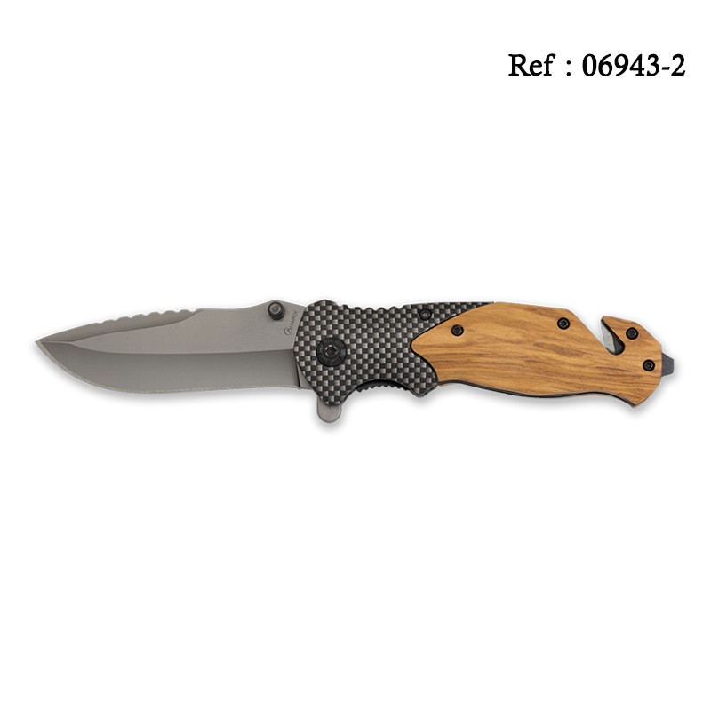 Couteau Tactique Bois/Acier 8.5 cm, avec clip