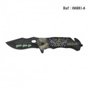 Couteau Don't Give Up Soldier 3D 8.9 cm Noir/vert,avec clip