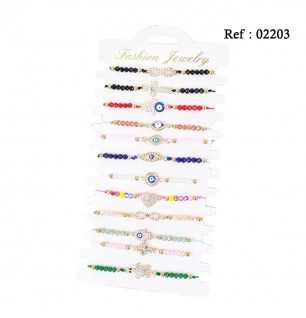 Bracelets Fantaisie Perles Oeils Diamants assortis par 12 pcs