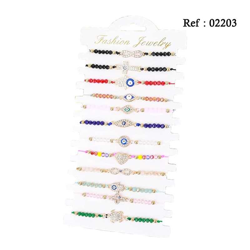 Bracelets Fantaisie Perles Oeils Diamants assortis par 12 pcs