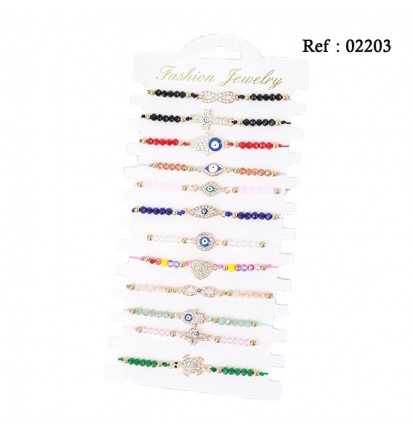 Bracelets Fantaisie Perles Oeils Diamants assortis par 12 pcs