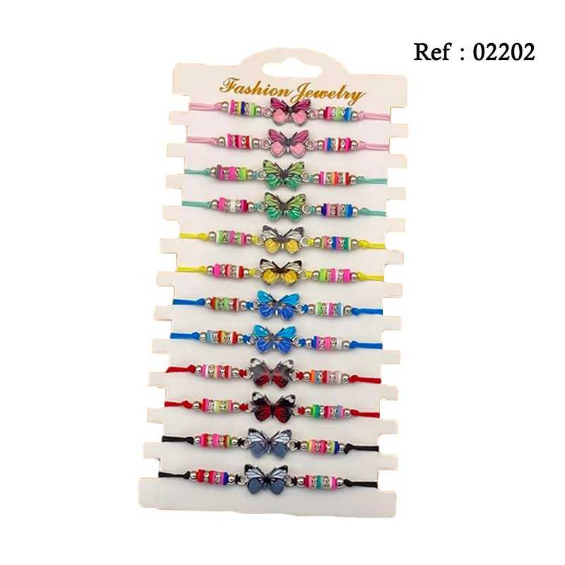 Bracelets Fantaisie Perles Papillons Colorés assortis par 12 pcs