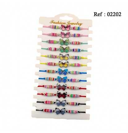 Bracelets Fantaisie Perles Papillons Colorés assortis par 12 pcs