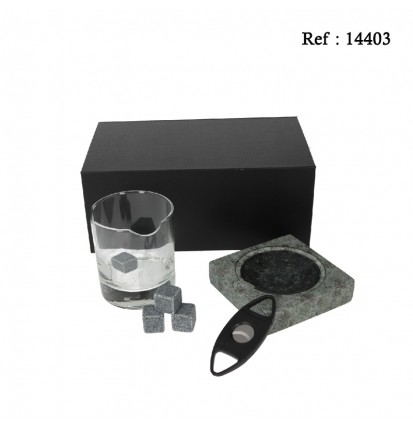 Coffret Cendrier Cigare Granit + coupe cigare + verre + 4 cubes