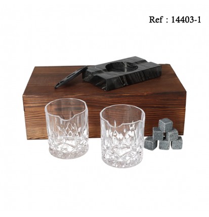 Coffret Cendrier Cigare Granit + coupe cigare + 2 verres + 4 cubes