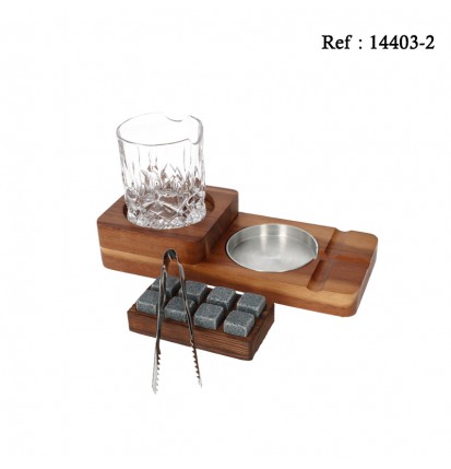 Coffret Bois Cendrier, pince, 1 verre et 8 cubes à glaçons