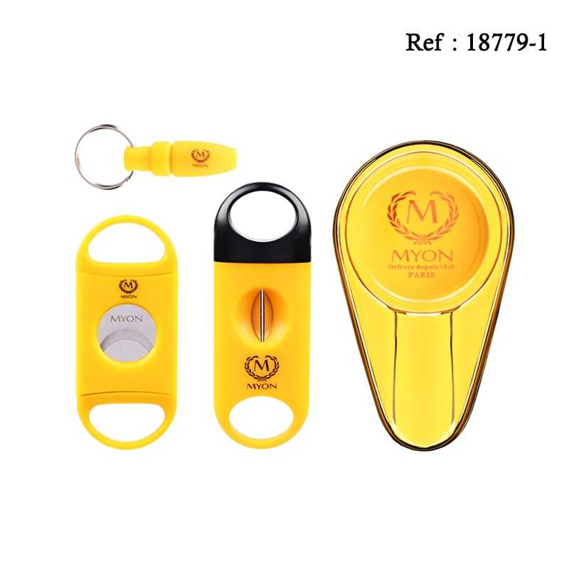 MYON cigar set Yellow astray, piercer and cigar cutters