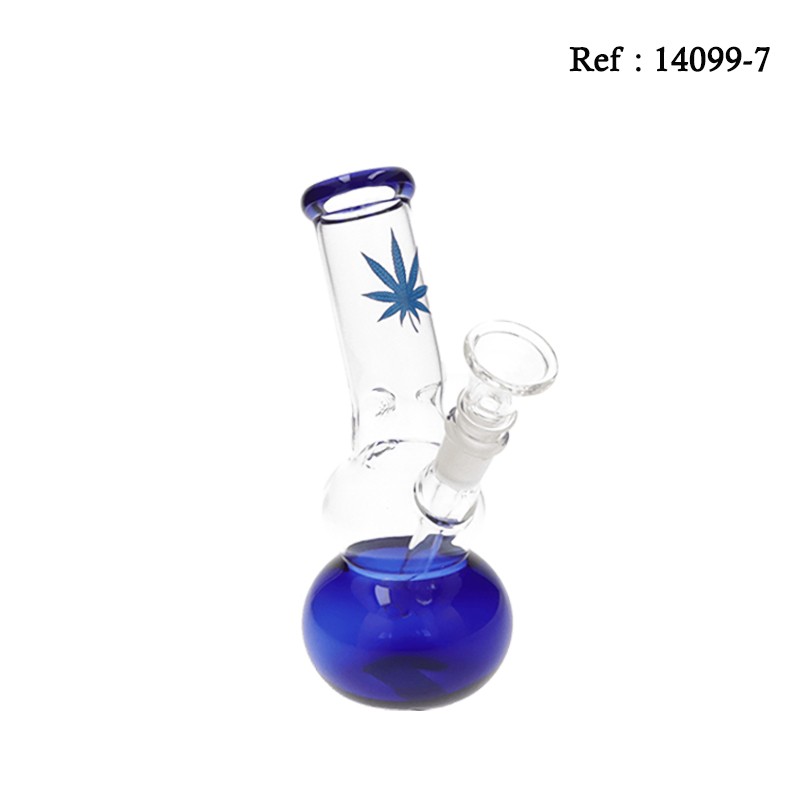 Bong 17.5 cm en verre Feuille Bleu Ø 3cm, avec 1 chillum
