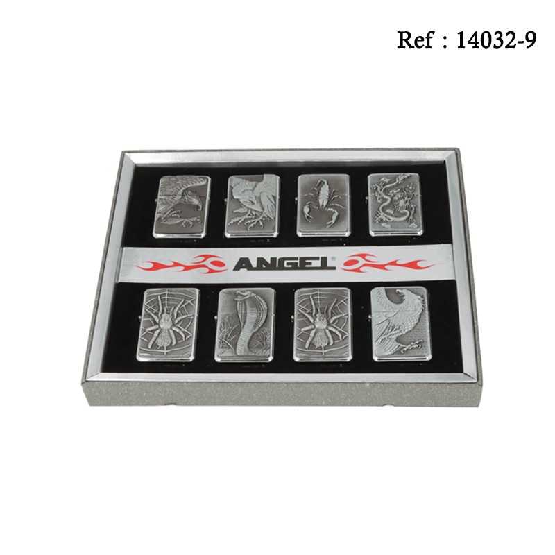Briquet essence Angel Chromé, décor Araignées, coffret de 8